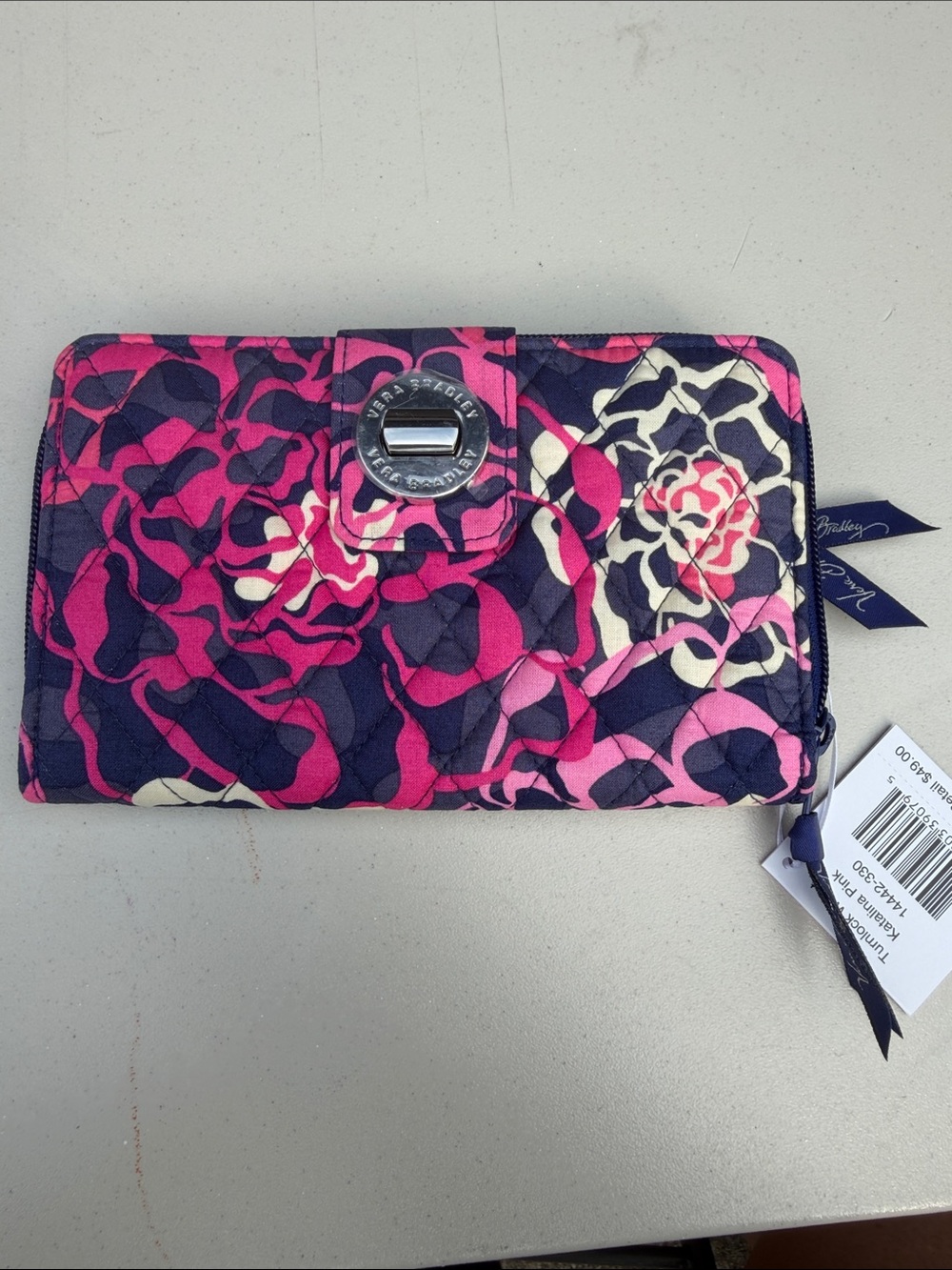Vera Bradley Quilted Floral Zip Wallet in Pink, Navy & Cream